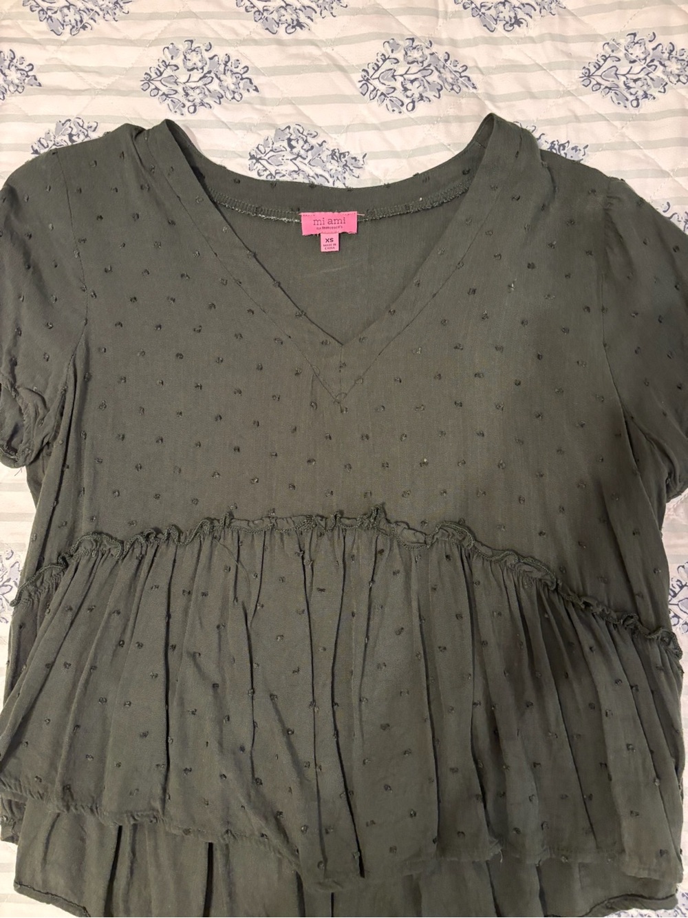 miami Olive Green V-Neck Textured Ruffle Peplum Top